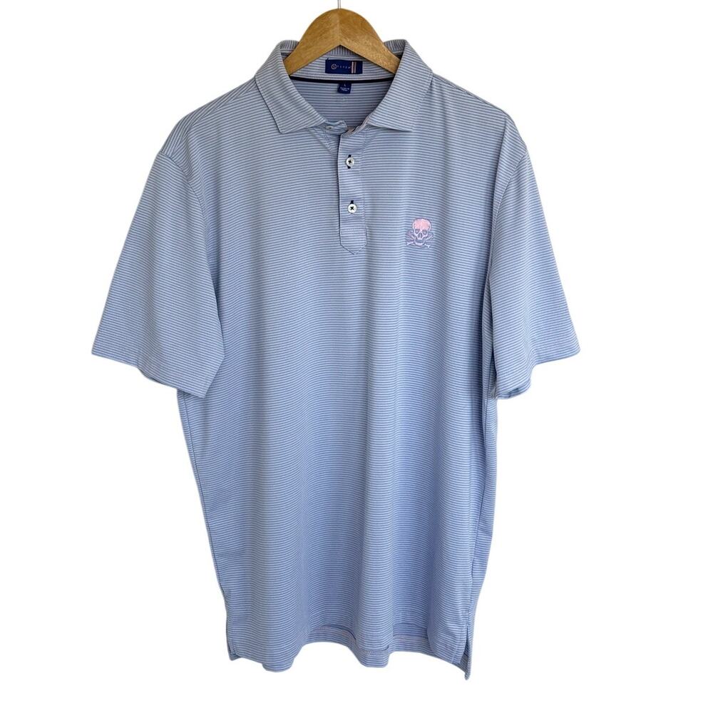 Stitch Golf Polo Shirt Men's L Blue Pink Stripe Skull Performance Stretch